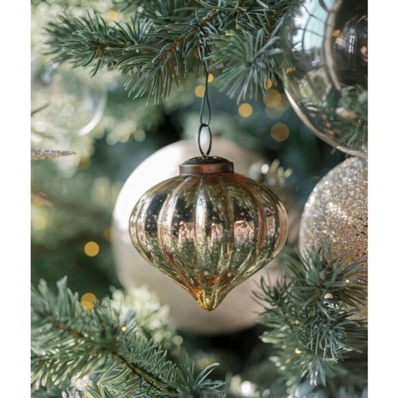 Vintage Mercury Glass Handblown Christmas Ornament Antique Gold With Bronze Topp - Picture 10 of 16